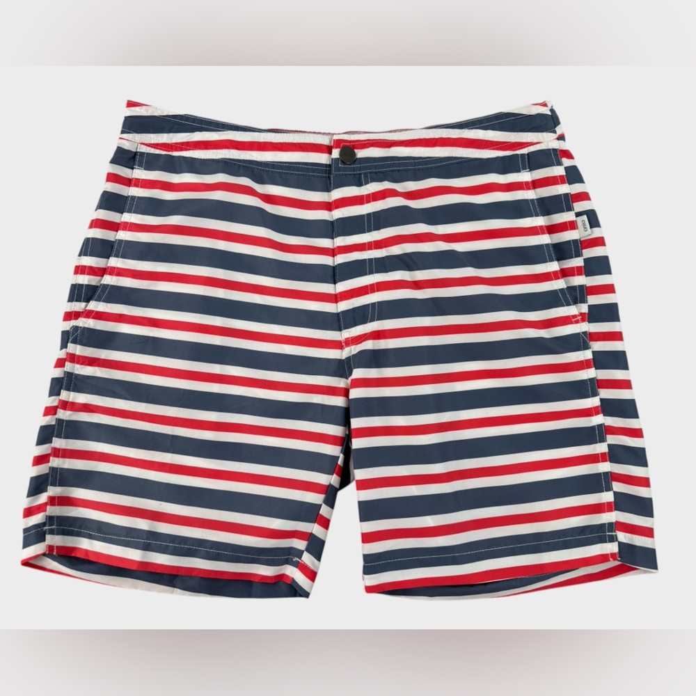 Onia Calder Stripe Swim Trunks‎ Red White Blue Lined Drawstring Americana Lg